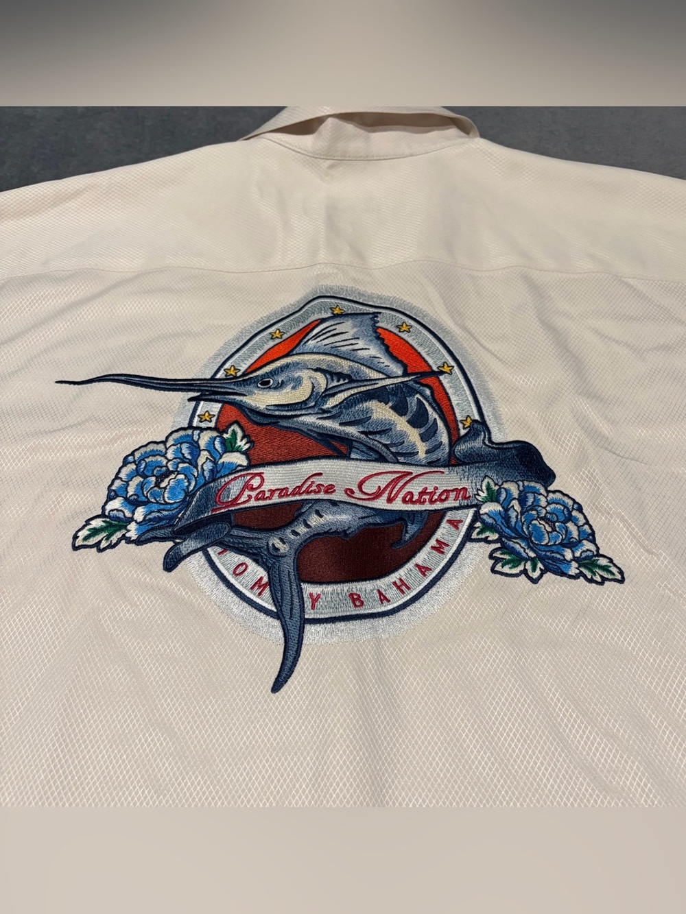 Tommy Bahama Shirt Mens XXL White Silk  Marlin Paradise Nation Tropical Bamboo